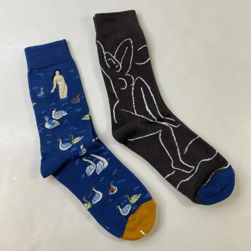 Unisex Crew Socks Set 2 Abstract Art Print Swans Nudes Blue Black White Yellow